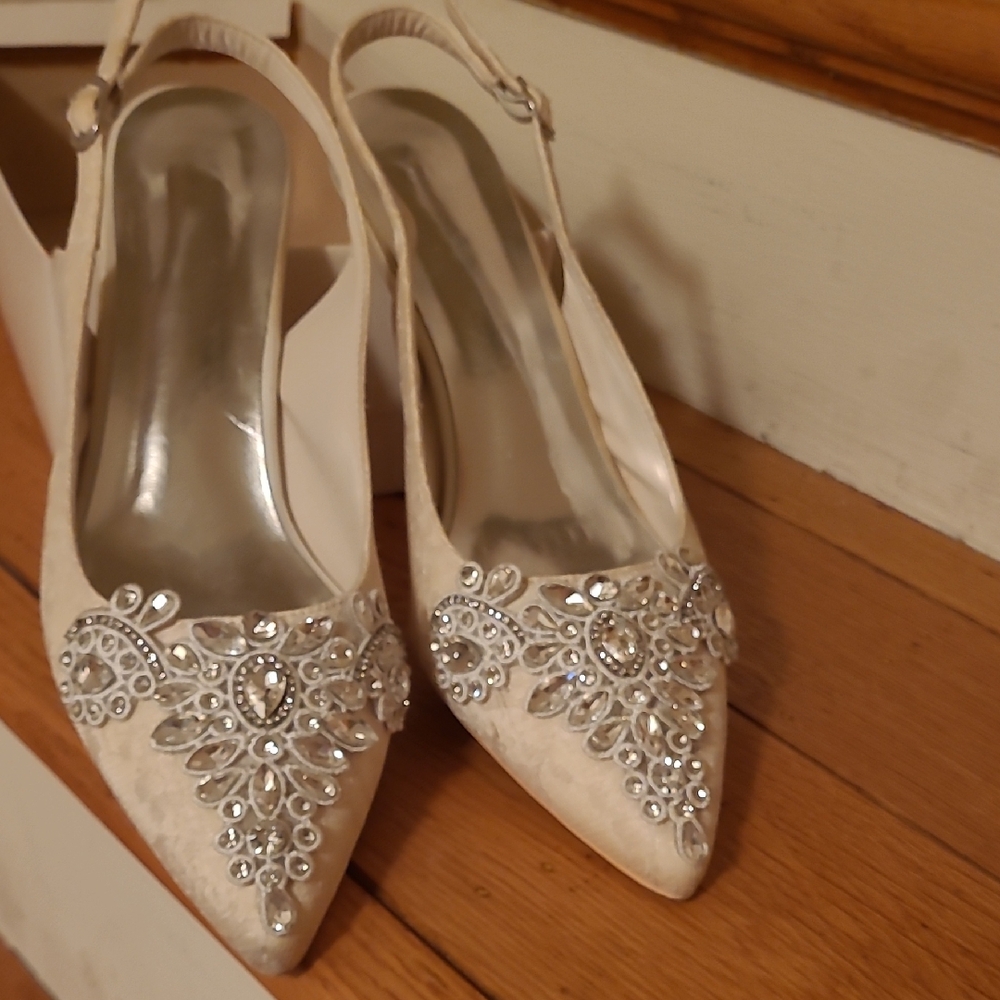 Crystal Embellished Ivory Slingback Heels